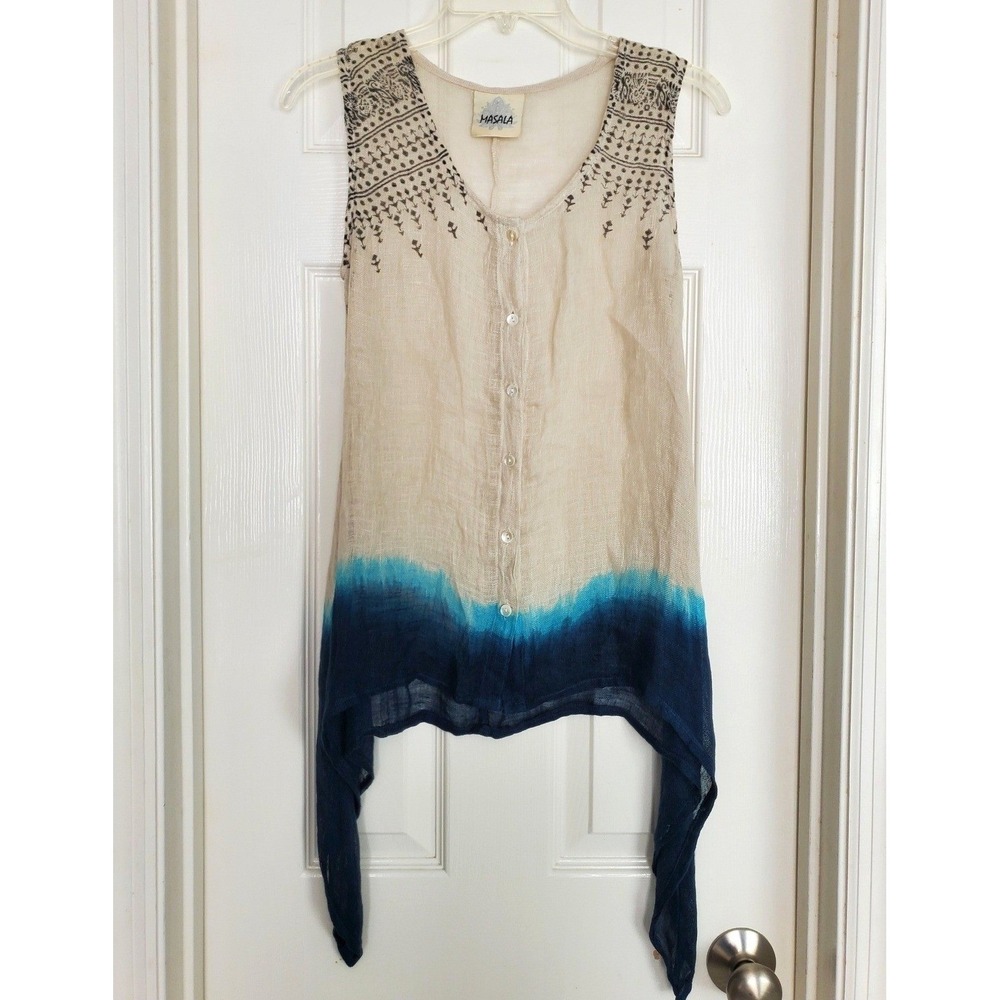 Masala Linen Embroidered Lagenlook Top Beige‎ Blue SharkBite Hem Boho Small
